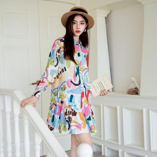 谜底印花连衣裙长袖2025秋新款复古百搭荷叶边下摆短裙257ML7831 商品图1