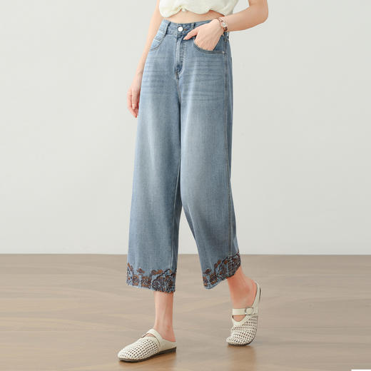 「自」全新升级【铂金会员174/天猫229/差价55】(11620)洛诗琳刺绣复古牛仔阔腿裤2025夏季高腰显瘦天丝直筒八分裤 商品图3