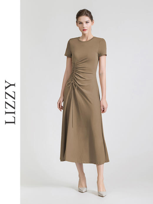 LIZZY 时尚法式简约弹力针织抽褶开叉长款连衣裙7420 商品图1