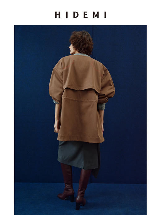 HIDEMI 极简圆领大廓形手工撞色线宽松羊腿袖抽绳设计感风衣外套 商品图5