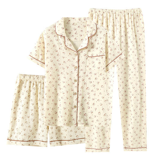 雀说 春夏秋双层纯棉纱爱心短袖长裤短裤居家服三件套005 商品图4