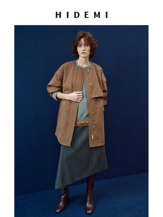 HIDEMI 极简圆领大廓形手工撞色线宽松羊腿袖抽绳设计感风衣外套 商品图1