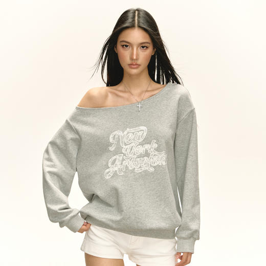 Ariseism 美式复古斜肩长袖卫衣女秋季新款宽松上衣 商品图1