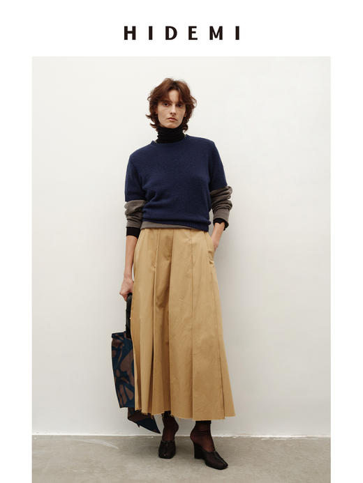 HIDEMI 进口加厚斜纹百分百自然棉百褶压褶半身毛边长裙半身裙 商品图4
