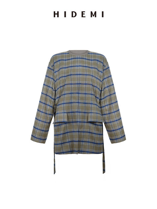 HIDEMI 极简色织格纹拉绒经典圆领宽肩套头廓形西装 商品图5