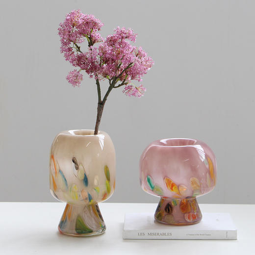 中古玻璃混彩圆形高脚花瓶酒店样板房干花鲜花复古轻奢软装摆件 商品图1