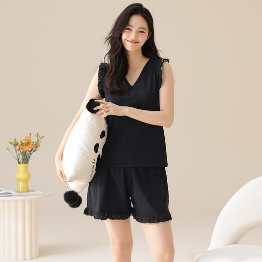丁摩 带胸垫睡衣女夏季【纯棉】无袖背心短裤薄款可外穿夏天女士蕾丝家居服5ZF-  63035 商品图0
