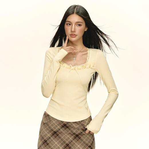 Ariseism 美式复古设计感木耳边长袖T恤女秋季新款辣妹修身上衣 商品图2