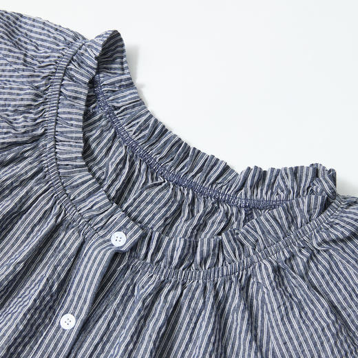 西遇韩系甜美条纹短袖衬衫女夏季褶皱圆领设计感百搭宽松衬衣H0051122 商品图5