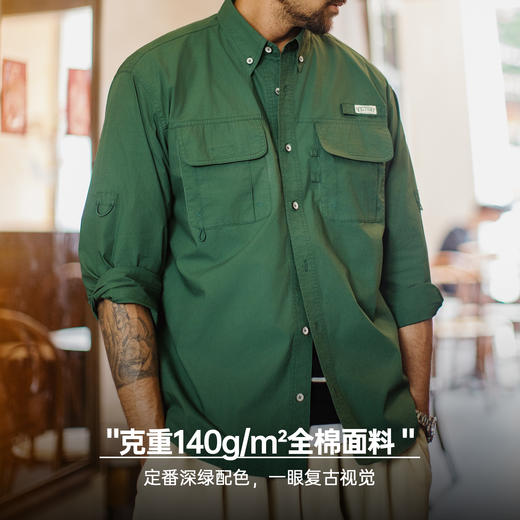 马登工装美式复古多口袋衬衫外套绿色纯棉叠穿长袖衬衣薄款男夏秋 商品图2