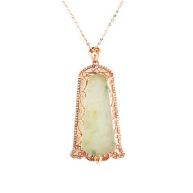 【天然正品】A货翡翠AU750玫瑰金镶钻镶天然细腻冰种飘蓝花平安无事牌翡翠吊坠项链46.1*21.6*11.0MM（皆取最大值）女士现售价：3980！150725TJ09