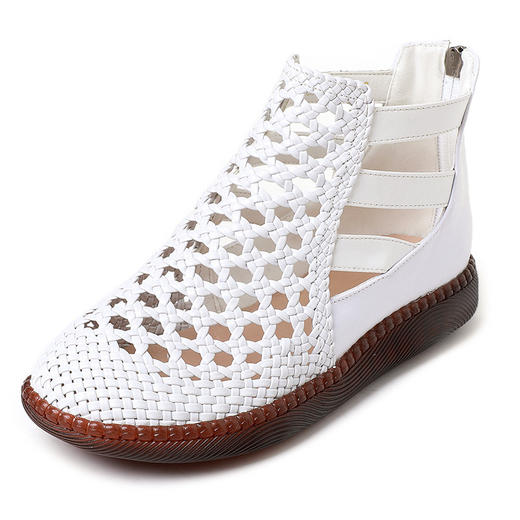 丁摩 民族风复古镂空凉鞋真皮夏新款女鞋平底休闲鞋编织妈妈鞋5ZF-125 商品图5