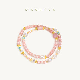 Manreya玛芮雅浅粉星芒粉水晶珍珠手串双圈手链粉色串珠精致气质|粉水晶，铜镀金， 长度约：34cm