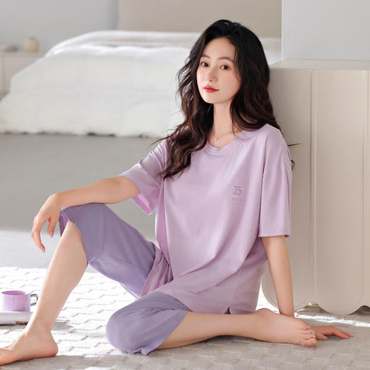 丁摩 睡衣女款夏胸垫薄款短袖七分裤家居服可外穿【棉+莫代尔】睡衣女夏5ZF-6212 商品图10