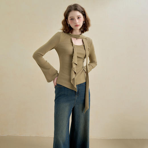 西遇不对称荷叶边飘带长袖T恤女秋季镂空修身打底针织衫V2851161 商品图2