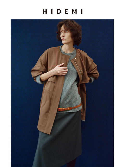 HIDEMI 极简圆领大廓形手工撞色线宽松羊腿袖抽绳设计感风衣外套 商品图3