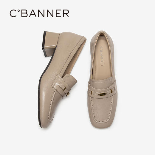 千百度羊皮粗跟乐福鞋女通勤高跟鞋舒适单鞋A25480804 商品图4