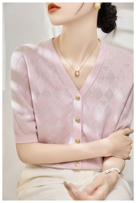新款菱形格轻熟知性OL五分袖针织薄款上衣开衫 商品图2