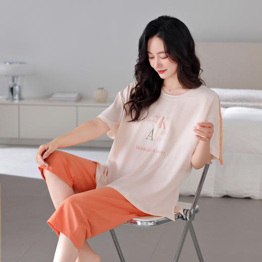 丁摩 睡衣女款夏胸垫薄款短袖七分裤家居服可外穿【棉+莫代尔】睡衣女夏5ZF-6212 商品图8