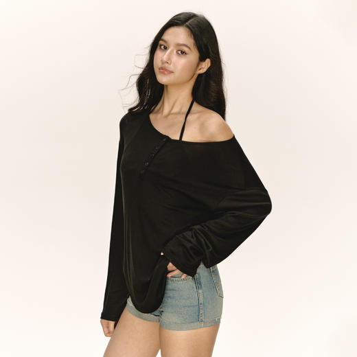 Ariseism 美式复古薄款微透长袖T恤女秋季新款辣妹露肩宽松上衣 商品图2