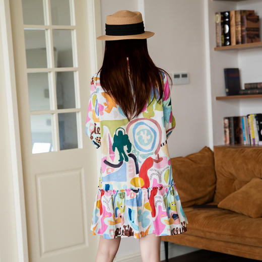 谜底印花连衣裙长袖2025秋新款复古百搭荷叶边下摆短裙257ML7831 商品图2