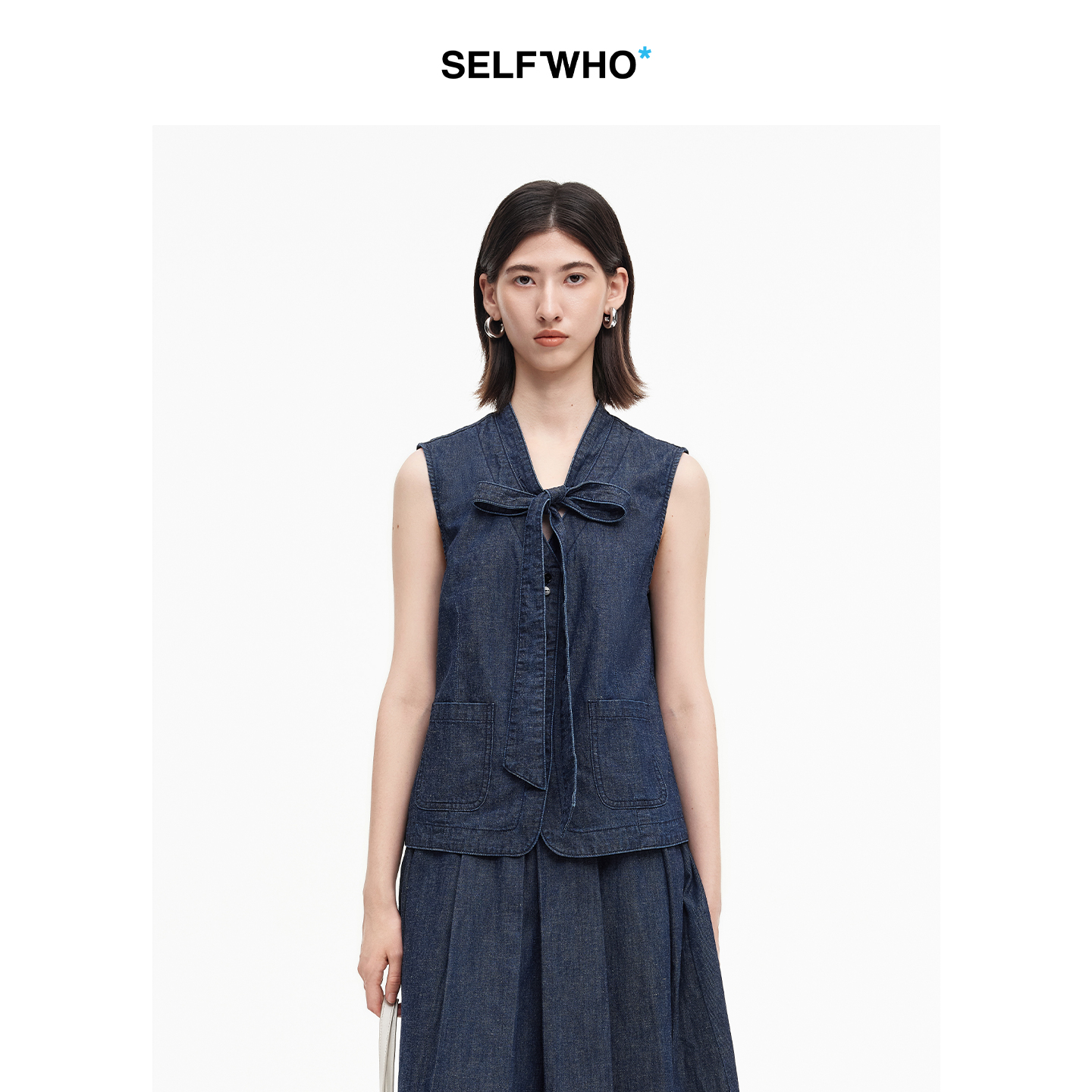 SELFWHO棉麻混纺复古原牛风V领飘带牛仔马甲女2025秋新款无袖背心
