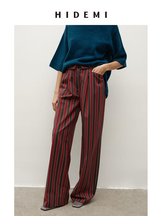 HIDEMI 进口定染酒红色色织条纹精纺羊毛阔腿裤 商品图2