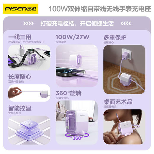 品胜 100W双伸缩自带线无线手表充电座C to C/C to L 支持C口笔记本/平板/耳机充电 快充充电器 商品图4