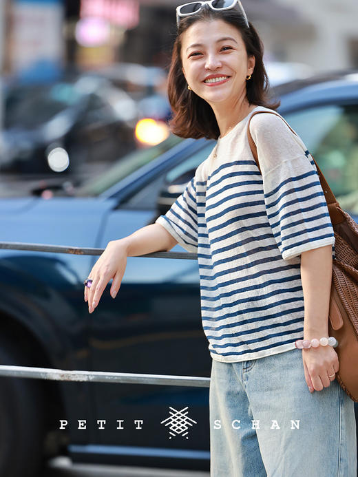PETIT SCHAN小闪 CLO#870 Sail 风帆 亚麻混纺条纹短袖套头衫 商品图4