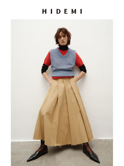 HIDEMI 进口加厚斜纹百分百自然棉百褶压褶半身毛边长裙半身裙 商品图3