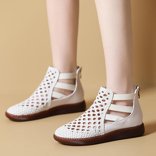 丁摩 民族风复古镂空凉鞋真皮夏新款女鞋平底休闲鞋编织妈妈鞋5ZF-125 商品图2