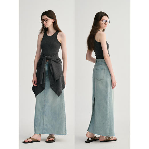 MAISON CECILE 复古天然牛仔棉干爽舒适后开叉高腰半身裙 商品图0