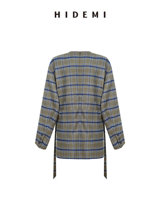 HIDEMI 极简色织格纹拉绒经典圆领宽肩套头廓形西装 商品图6