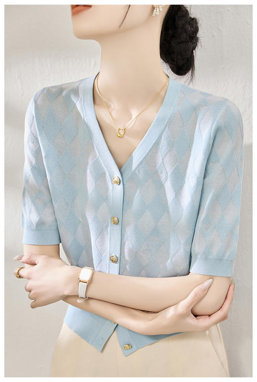 新款菱形格轻熟知性OL五分袖针织薄款上衣开衫 商品图6