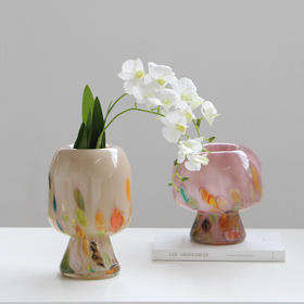 中古玻璃混彩圆形高脚花瓶酒店样板房干花鲜花复古轻奢软装摆件