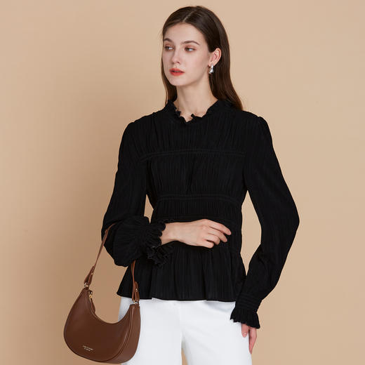【舒适醋纤木耳领衬衫】EITIE爱特爱压褶显瘦长袖T恤2025秋季新款C2513836 商品图2
