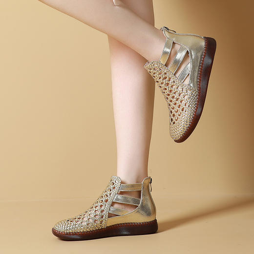 丁摩 民族风复古镂空凉鞋真皮夏新款女鞋平底休闲鞋编织妈妈鞋5ZF-125 商品图3