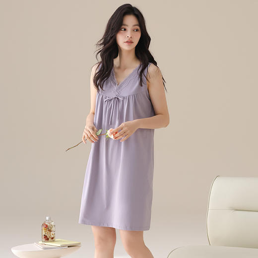 丁摩 夏季【棉+莫代尔】睡裙女士无袖V领蕾丝高级感家居服夏天女款中长裙5ZF- 商品图6