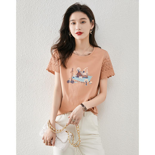 【专属特价】熙世界文艺童话风蕾丝袖t恤女活力25春夏款显瘦90%棉短袖上衣T 商品图0