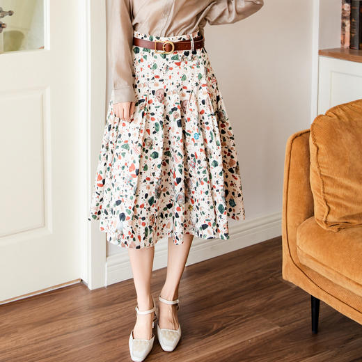 谜底花色半身裙2025秋季新款复古风修身印花百褶中长裙257MB7821 商品图0