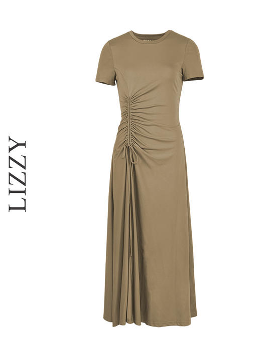 LIZZY 时尚法式简约弹力针织抽褶开叉长款连衣裙7420 商品图4