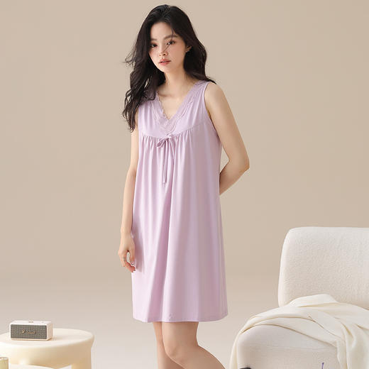 丁摩 夏季【棉+莫代尔】睡裙女士无袖V领蕾丝高级感家居服夏天女款中长裙5ZF- 商品图5