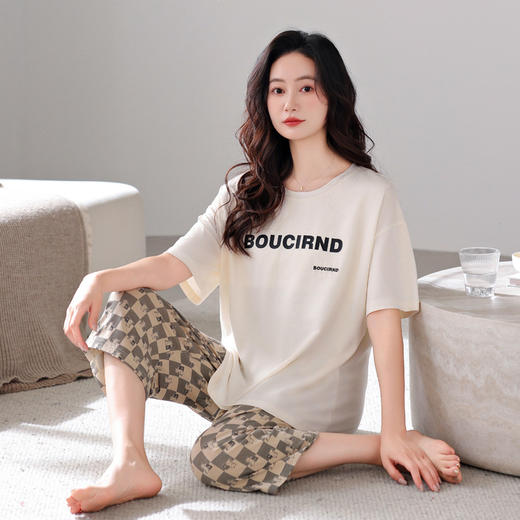 丁摩 睡衣女款夏胸垫薄款短袖七分裤家居服可外穿【棉+莫代尔】睡衣女夏5ZF-6212 商品图9