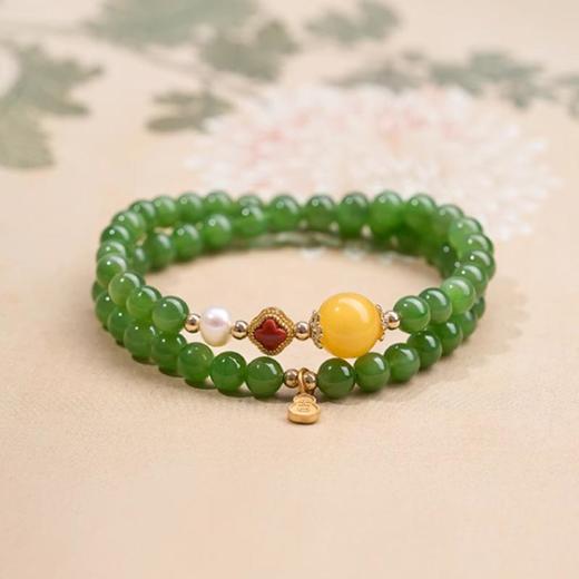 小福牌蜜蜡转运珠双圈碧玉和田玉手串6mm 商品图2