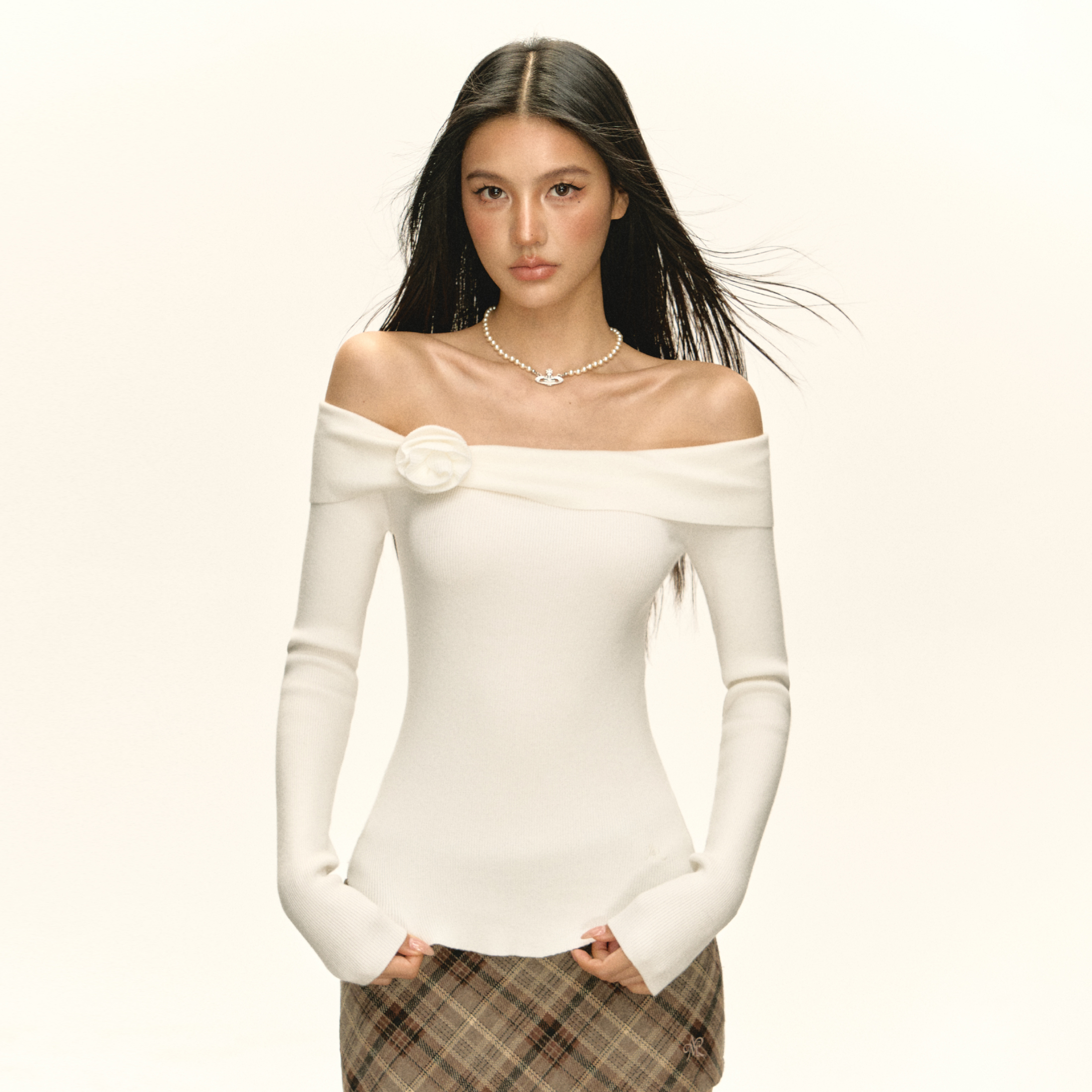 Ariseism 美式复古高级感一字肩毛衣女秋季新款露肩修身上衣