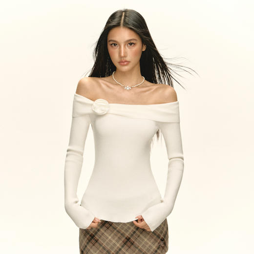 Ariseism 美式复古高级感一字肩毛衣女秋季新款露肩修身上衣 商品图0