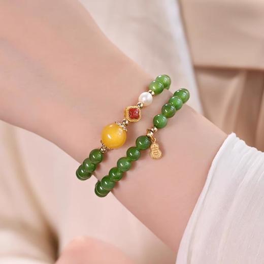 小福牌蜜蜡转运珠双圈碧玉和田玉手串6mm 商品图1