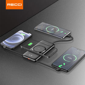 锐思Recci铂睿RPB-N28自带四根线无线充电大容量移动电源可上飞机便携苹果安卓通用 黑色 10000mAh