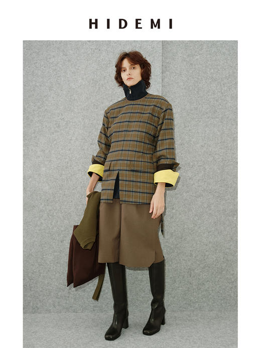 HIDEMI 极简色织格纹拉绒经典圆领宽肩套头廓形西装 商品图2