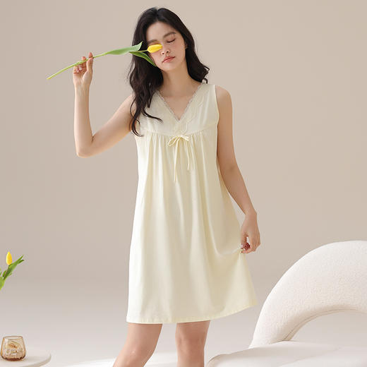 丁摩 夏季【棉+莫代尔】睡裙女士无袖V领蕾丝高级感家居服夏天女款中长裙5ZF- 商品图7